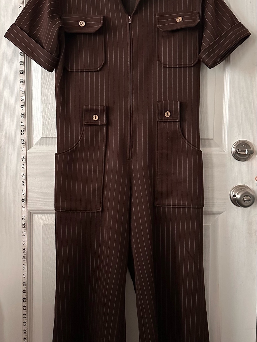 Brown Pinstripe Short-Sleeve Utility Jumpsuit